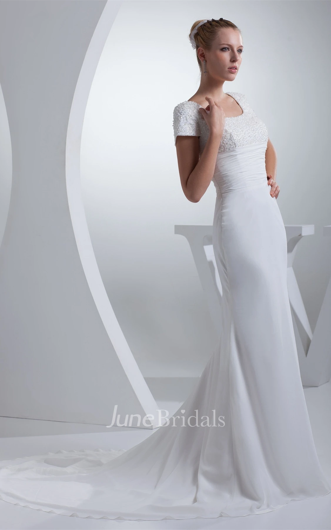 Square-Neck Short-Sleeve Sheath Dress with Ruching and Gemmed Top