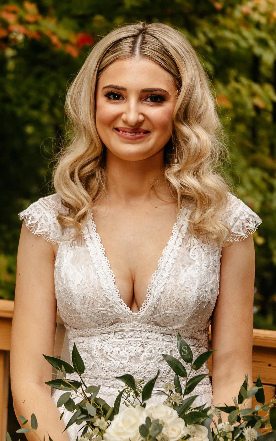 Bohemian A-Line V-neck Lace Appliques Sweep Train Bell Sleeves Garden Spring Wedding Dress