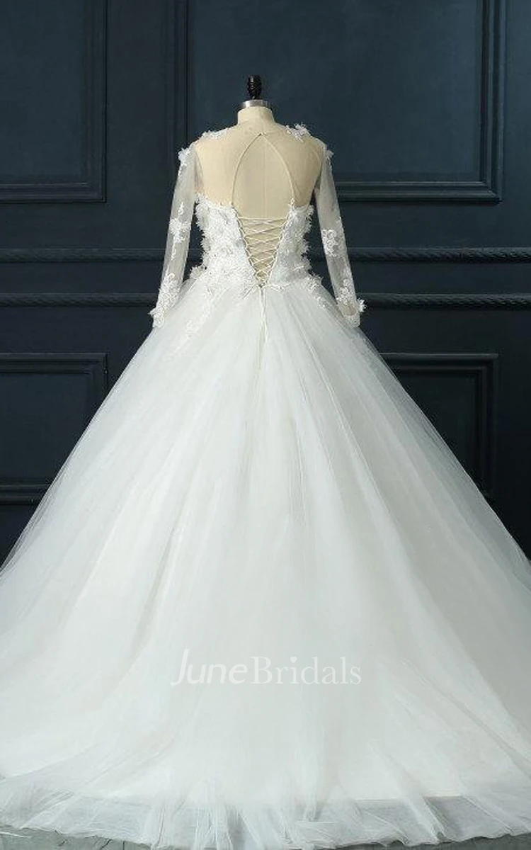 Long Sleeve Tulle Lace Satin Dress With Flower Illusion