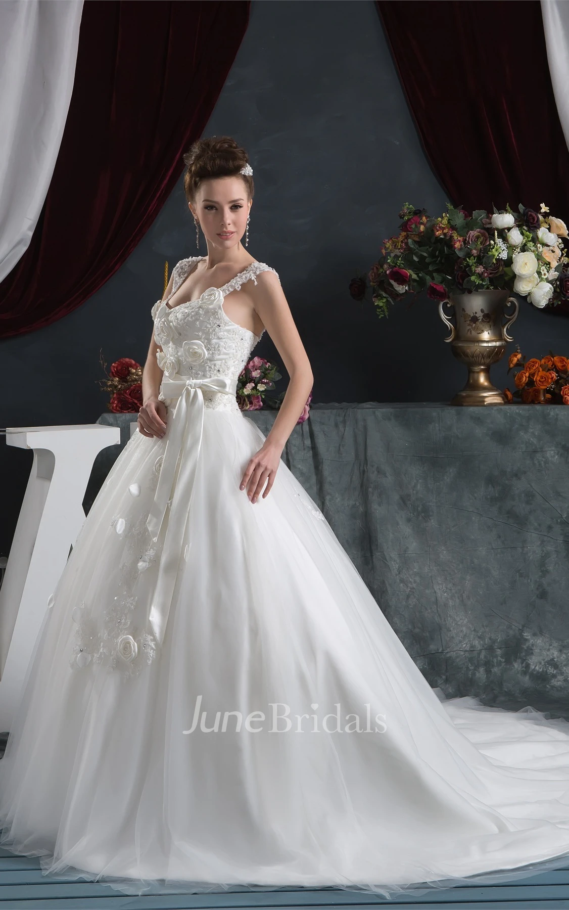 Strapped Tulle Ball Gown with Ribbon and Appliques
