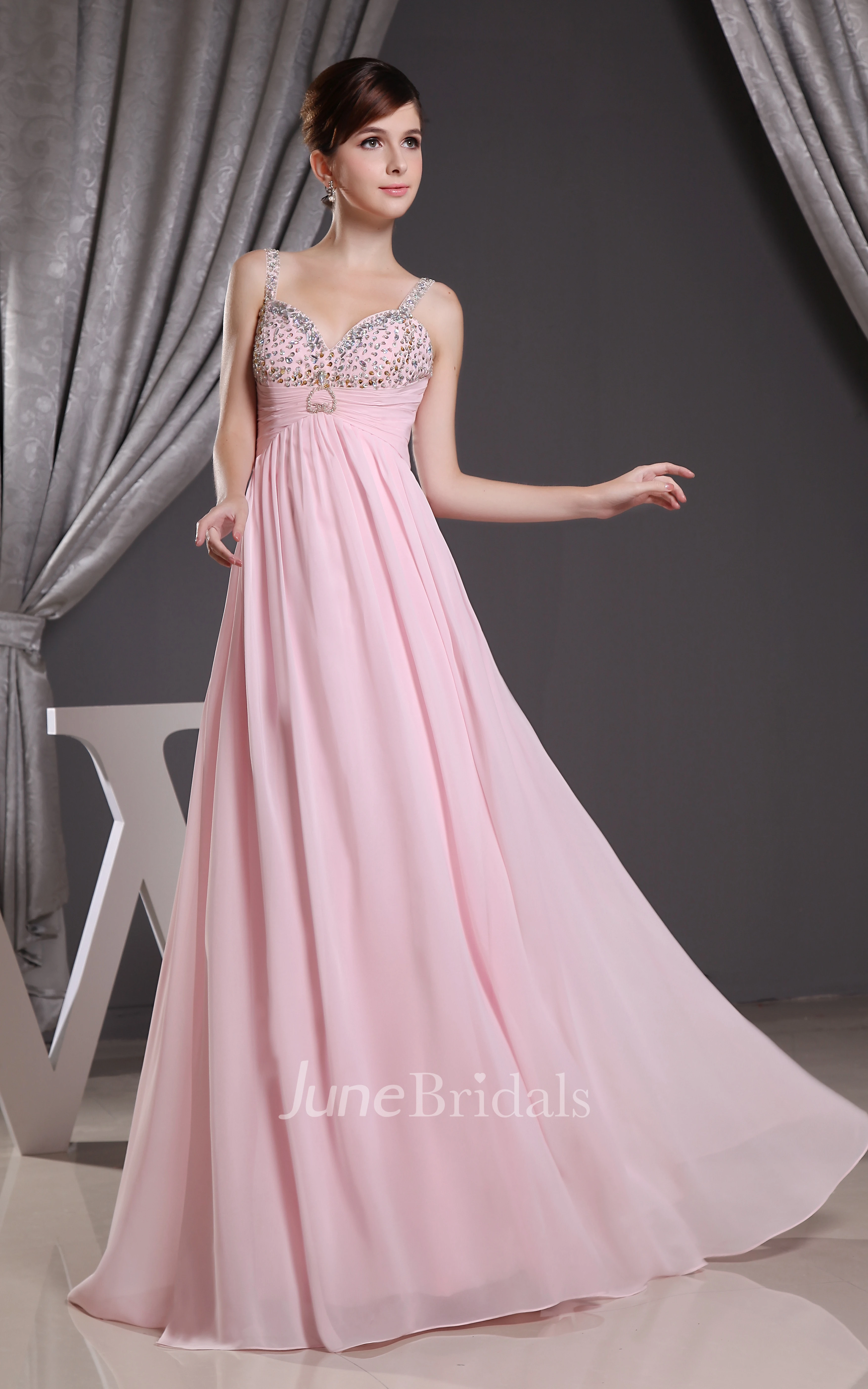 Chiffon Empire Floor-Length Dress With Beading and Ruched Waist