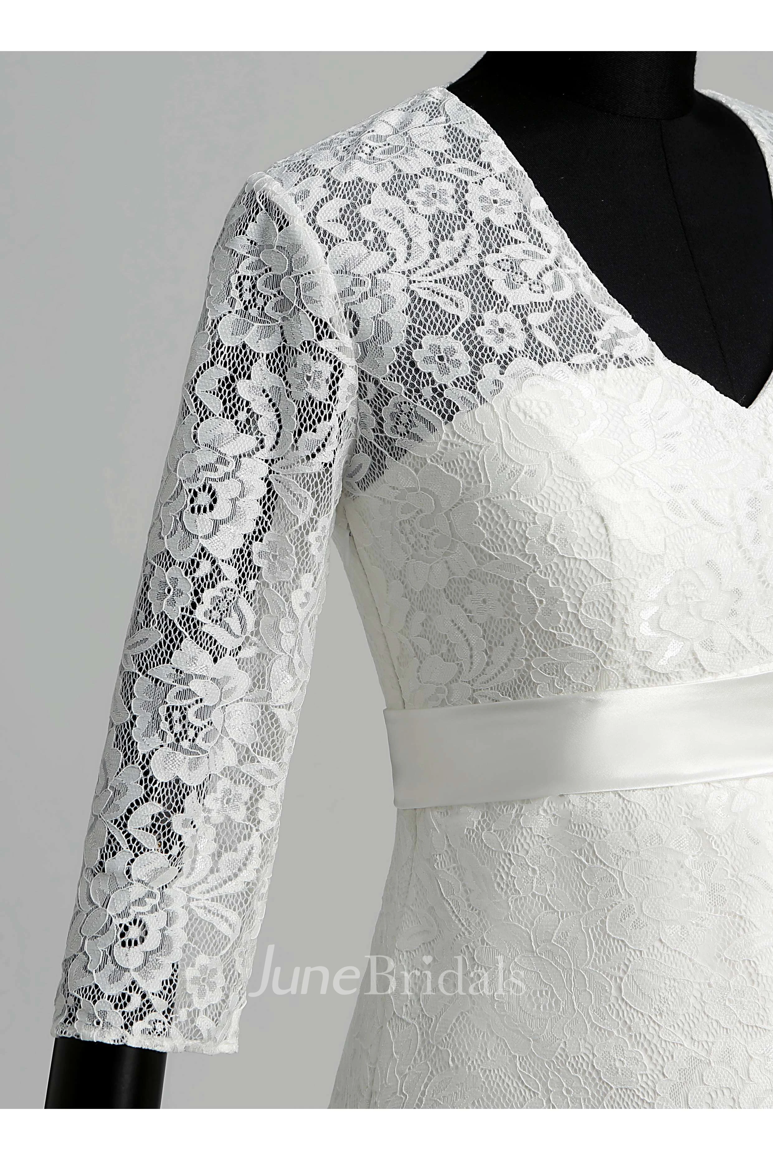 Knee-length A-line V-neck Illusion 3/4 Length Sleeve Illusion Lace Maternity Weeding Dress