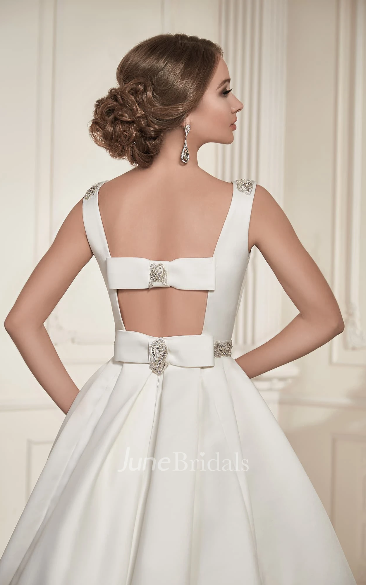 A-Line Floor-Length Scoop-Neck Sleeveless Keyhole Satin Dress With Beading And Pleatings