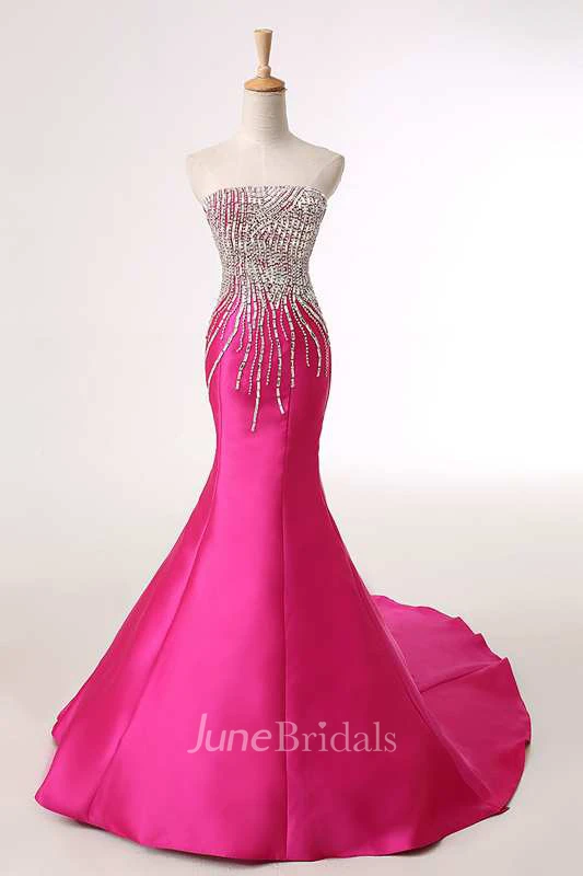 Strapless Beaded Bodice Mermaid Pleated Satin Gown 