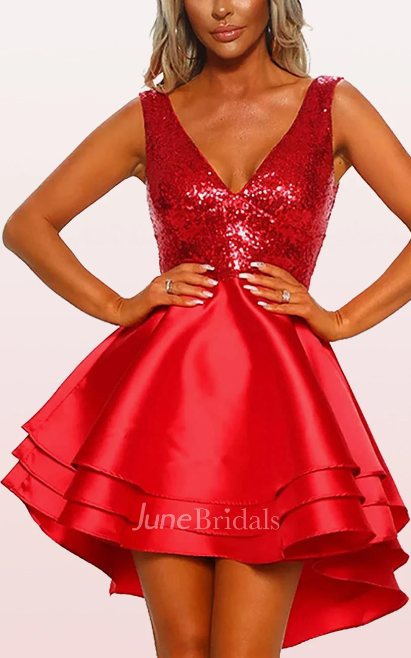 Simple Ball Gown Satin Sequins V-neck Sleeveless Homecoming Dress with Ruffles