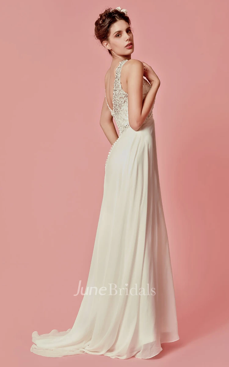 Sleeveless V-Neck Chiffon Long Dress With Lace Bodice