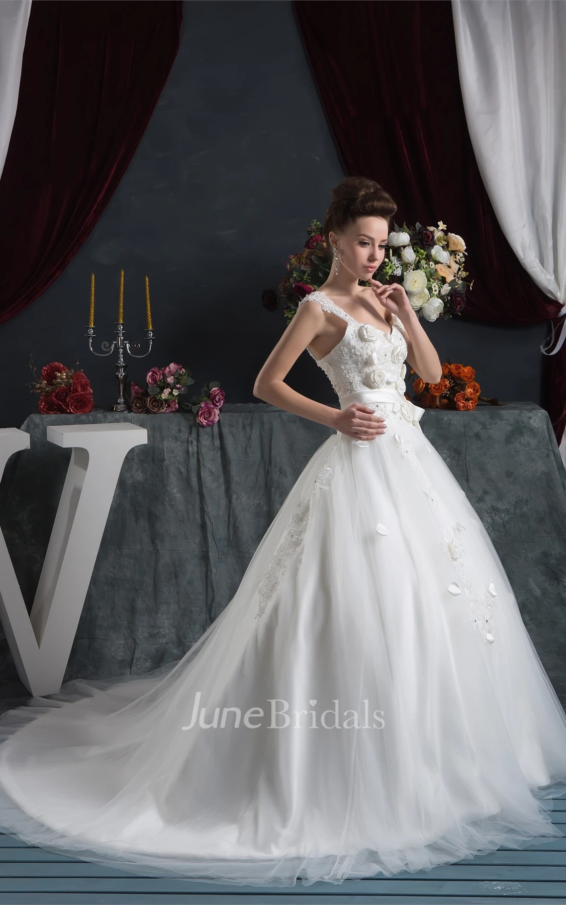 Strapped Tulle Ball Gown with Ribbon and Appliques