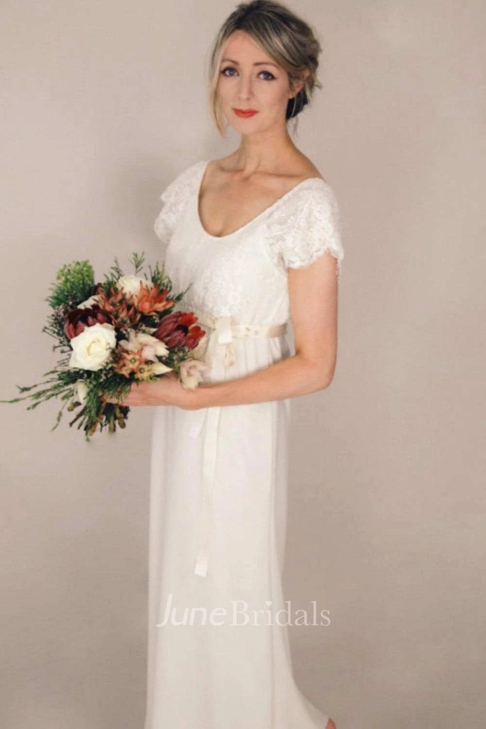 V-Neck Short Sleeve Chiffon Wedding Dress With Lace And Bow