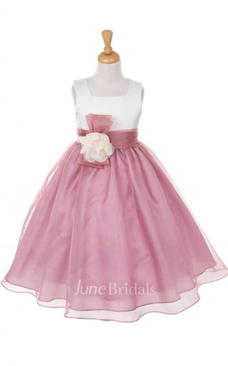 Sleeveless Square-neck Organza Dress With With Flower Belt