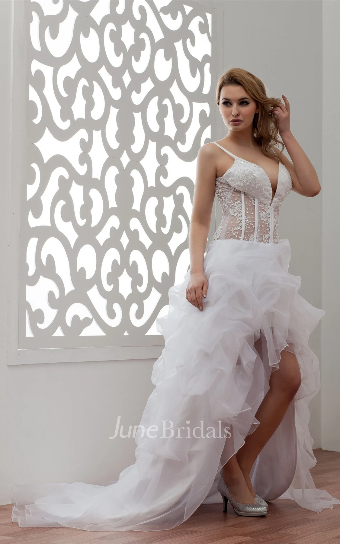 Plunged Spaghetti-Strap Front-Split Dress with Appliques and Illusion Waist