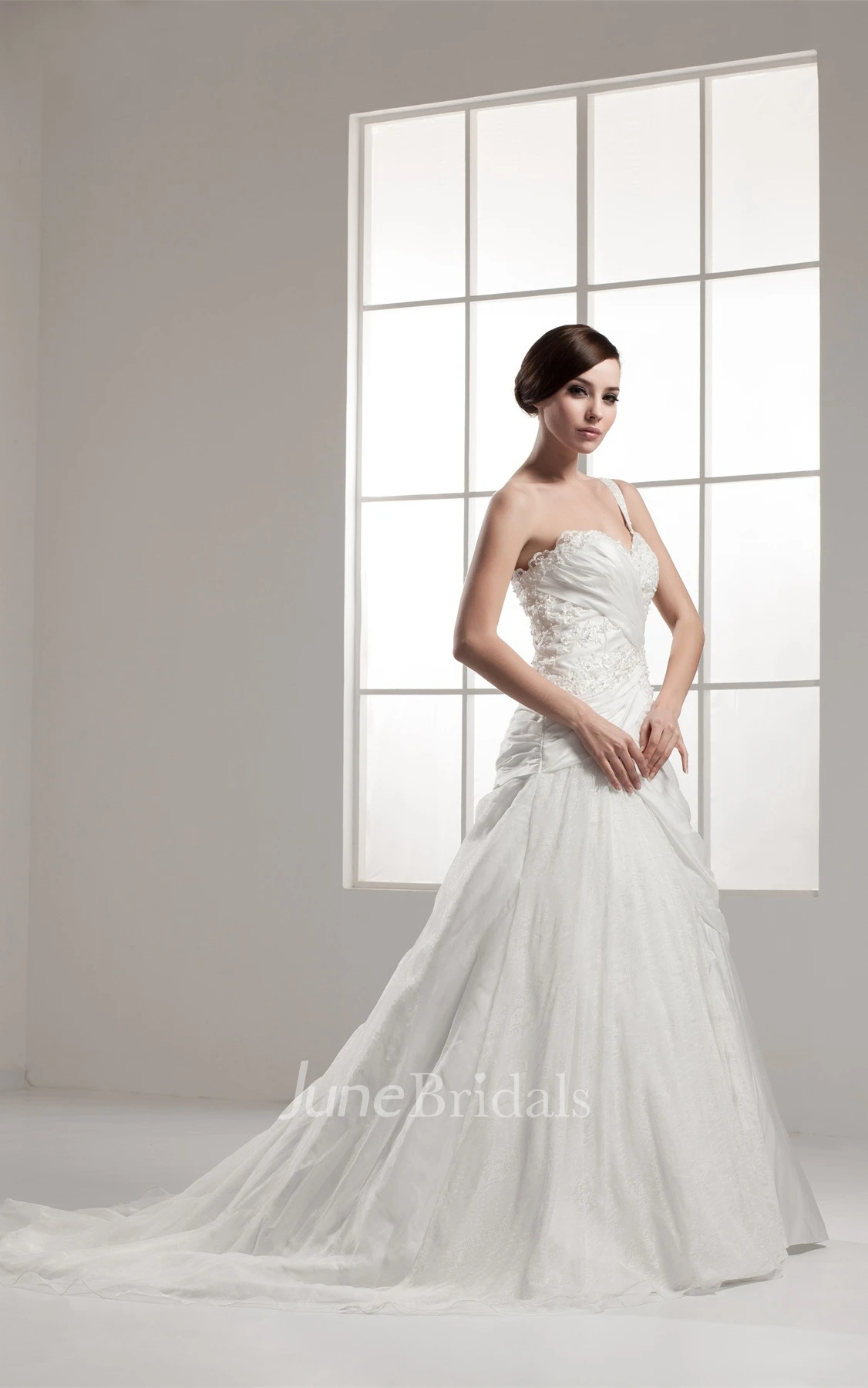 Sleeveless Lace A-Line Gown with Draping and Single Strap