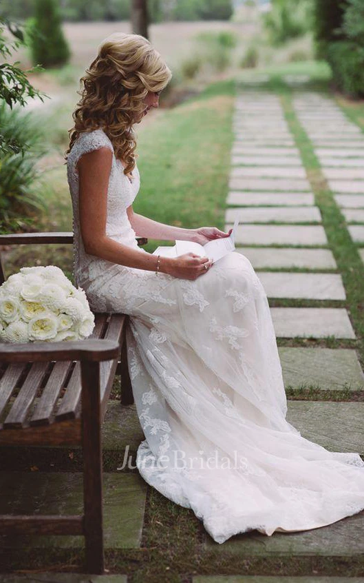 A-Line Short V-Neck Bell Cap Appliques Backless Lace Dress