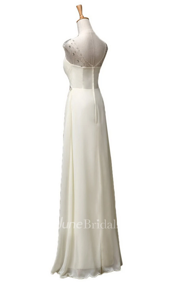 Sleeveless Long Ruffled Chiffon Dress With Beaded Neck