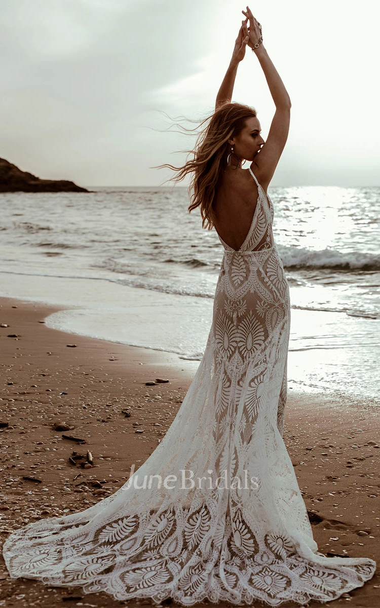Boho Lace Wedding Dress with Open Back for Beach & Destination Weddings