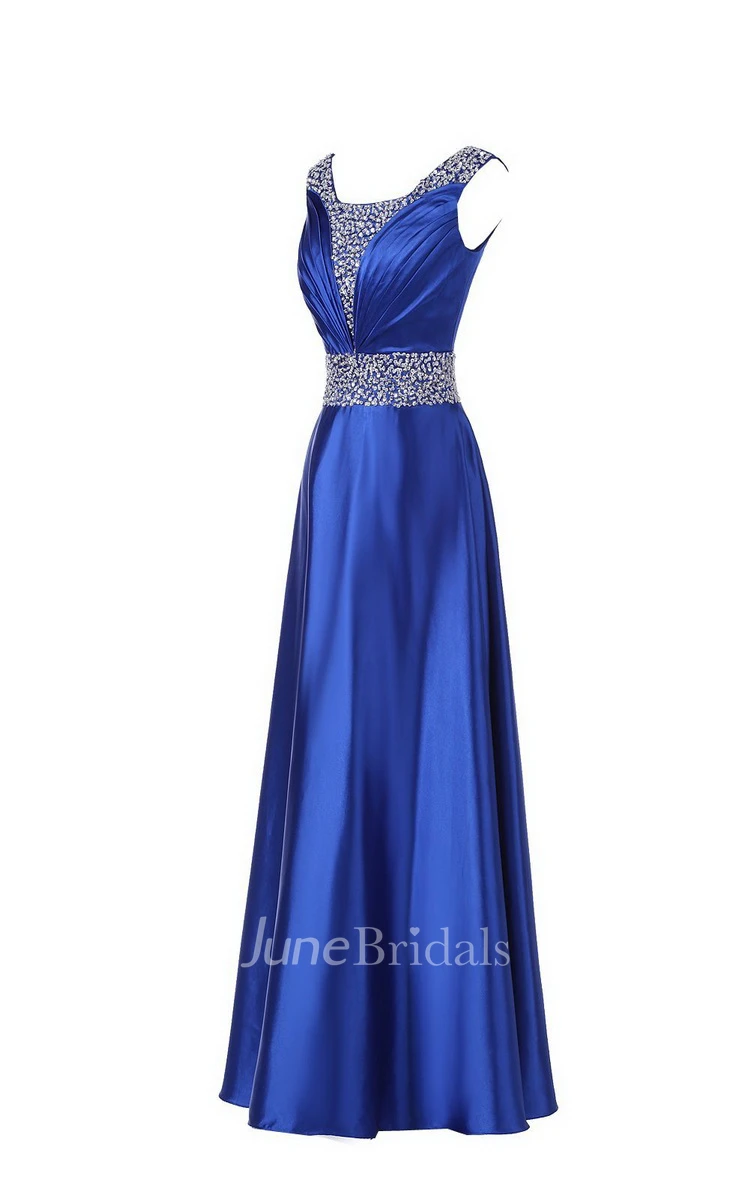 Sleeveless Pleated Satin Dress With Beading Belt and Trim