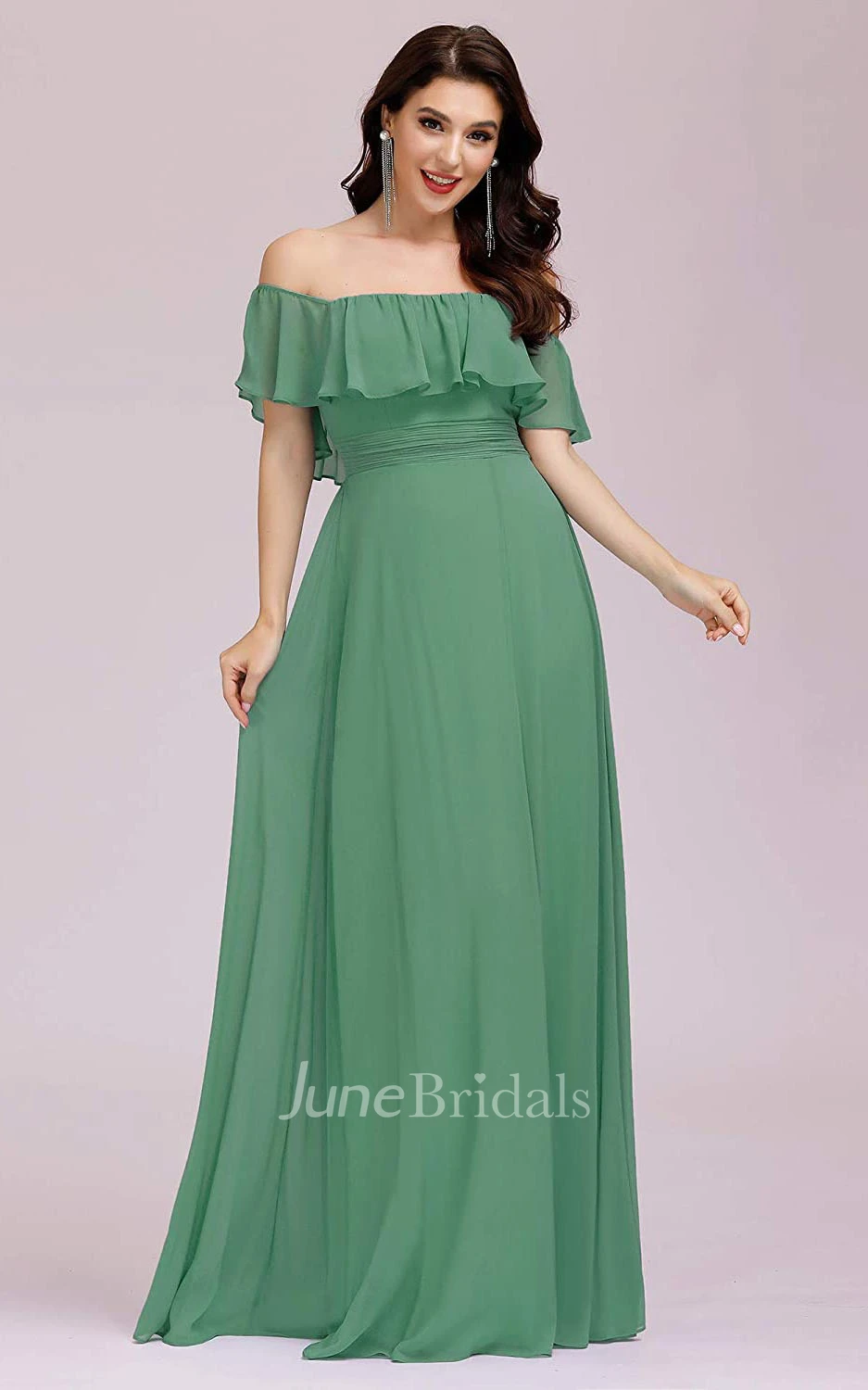 A Line Off-the-shoulder Chiffon Prom Dress With Ruffles and Split Front