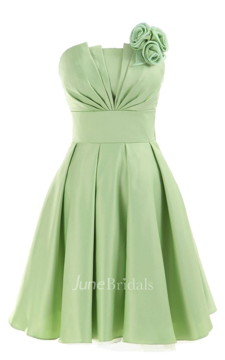 Strapless Appliqued Ruched Bodice Short Pleated Satin Dress