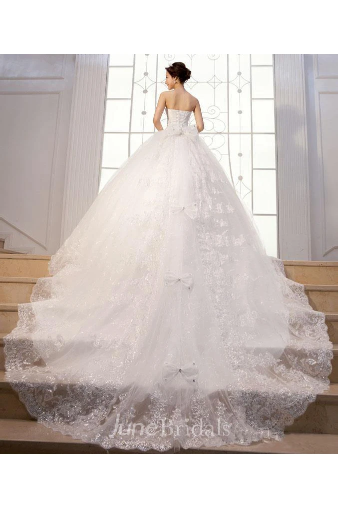 Gorgeous Strapless Beadings Crystal Wedding Dresses Lace-up Tulle Lace Bridal Gown