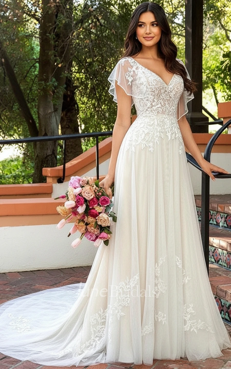 Boho Lace A Line Wedding Dress Vintage Flutter Sleeves V Neck Bridal Gown