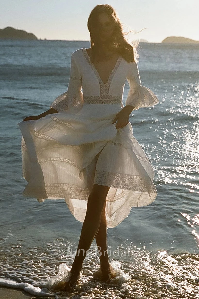 Casual Lace V-neck Low-V Back Bridal Gown with Pleats