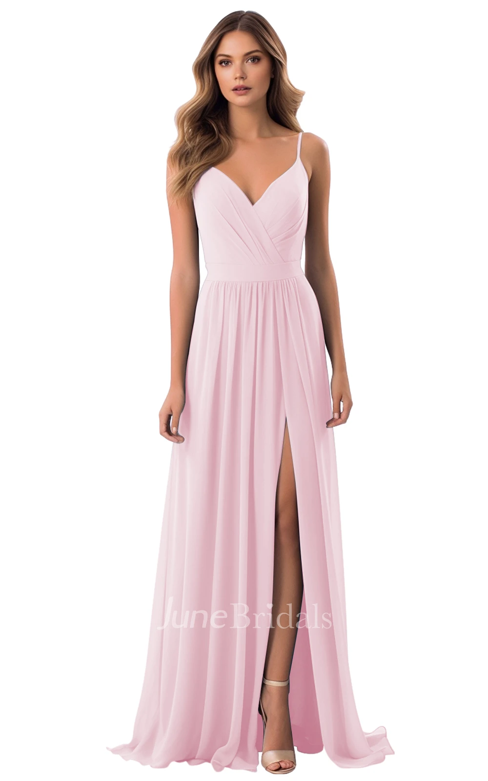 Simple A-Line V-neck Spaghetti Chiffon Bridesmaid Dress with Split Front