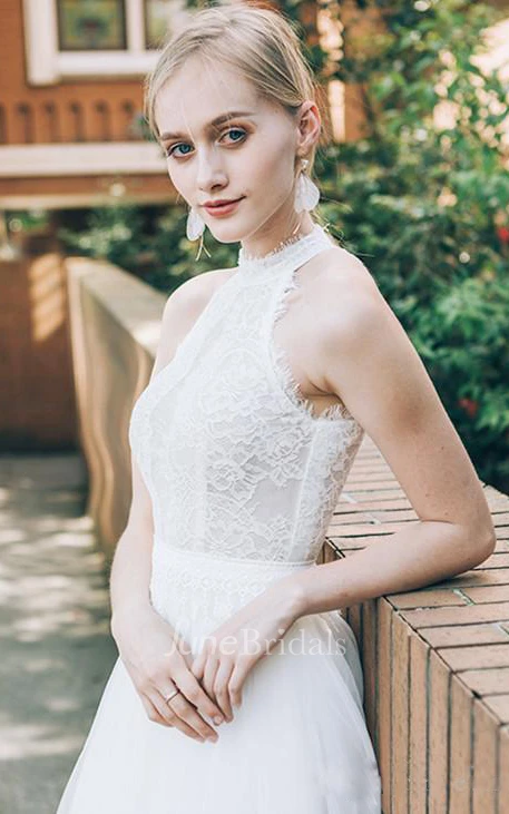 Simple Modern A Line Lace Tulle Halter Sleeveless Floor-length Wedding Dress