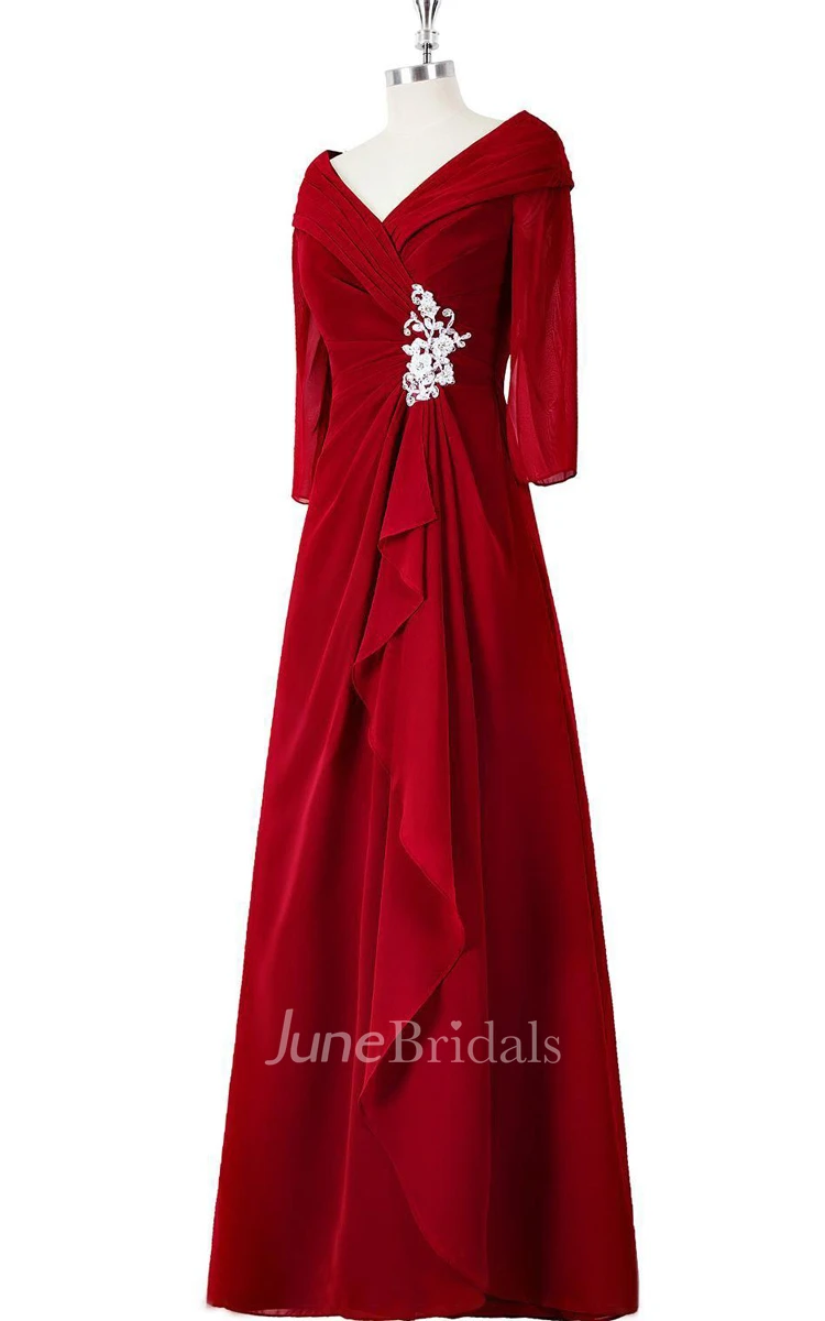 Half-sleeved A-line Long Dress With Ruffles and Appliques