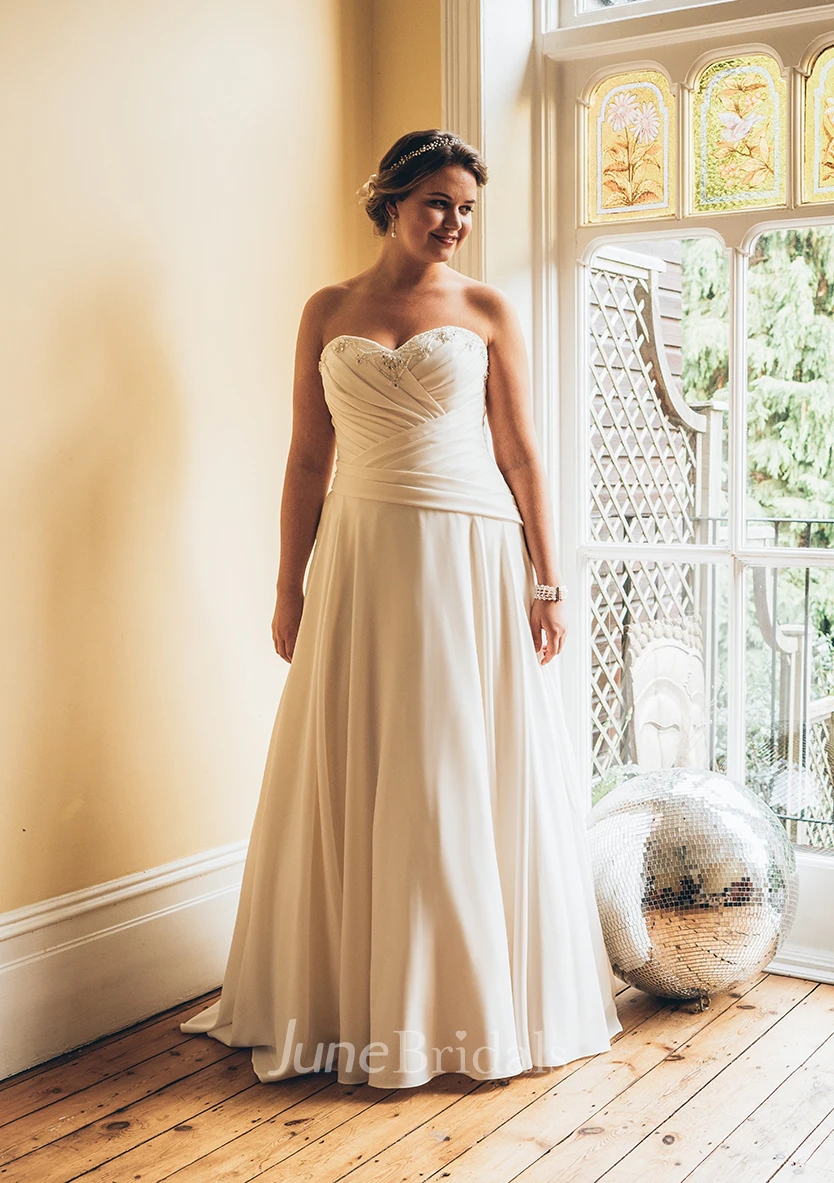 A-Line Long Sweetheart Sleeveless Chiffon Criss Cross Beading Brush Train Beading Dress