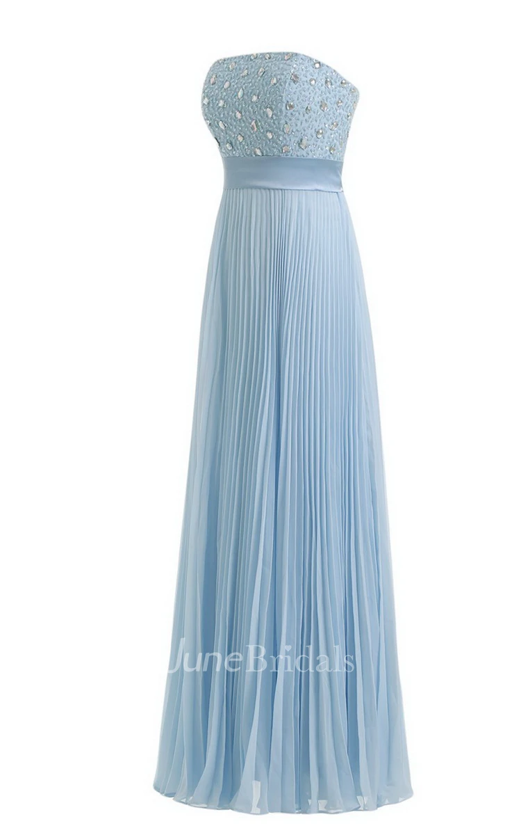 Strapless Empire Long Pleated Dress With Rhinestones