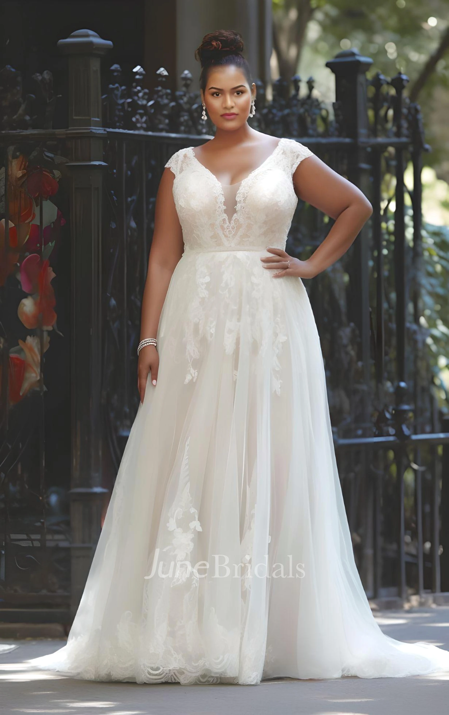 A-Line Plus Size Chiffon and Lace Sleeveless Wedding Dress 2024 V-neck Sexy  Elegant Romantic Sweep Train - June Bridals