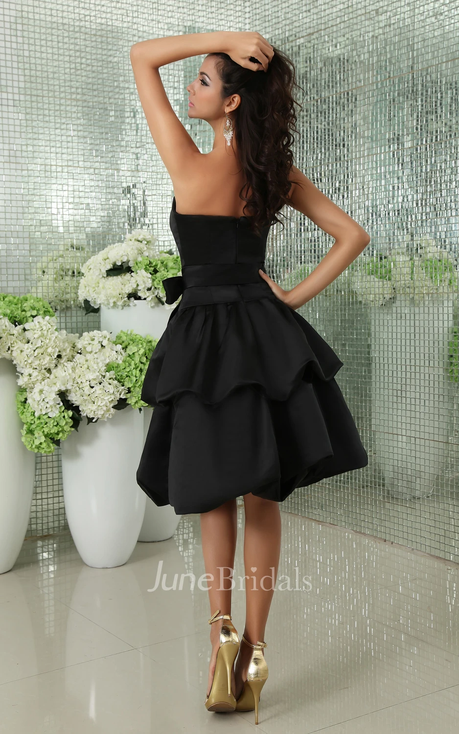 Strapless Satin Dress With Tiered Skirt And Ribbon