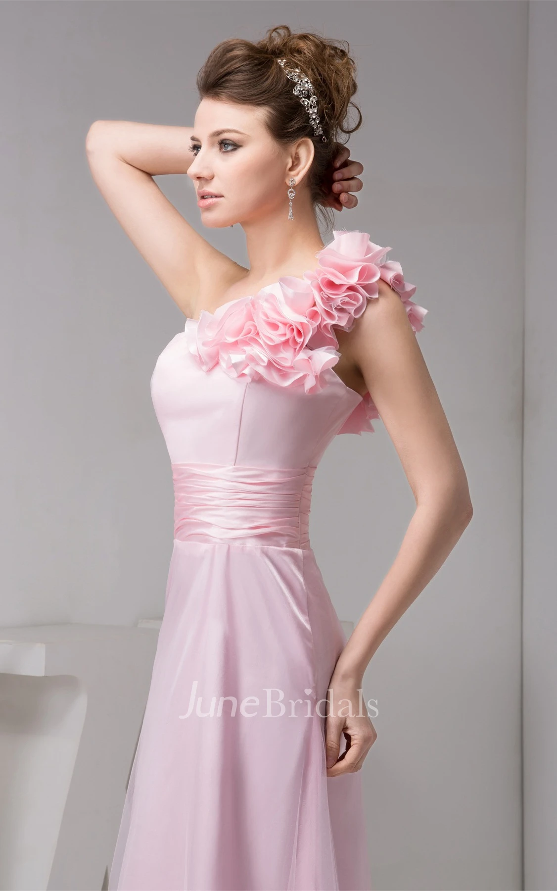 One-Shoulder A-Line Maxi Dress with Ruching and Flower