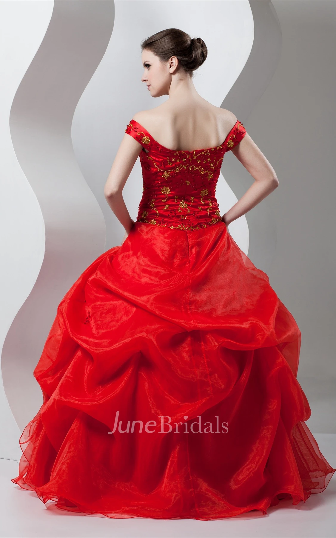 Off-The-Shoulder Pick-Up Ball Gown with Beading and Embroideries