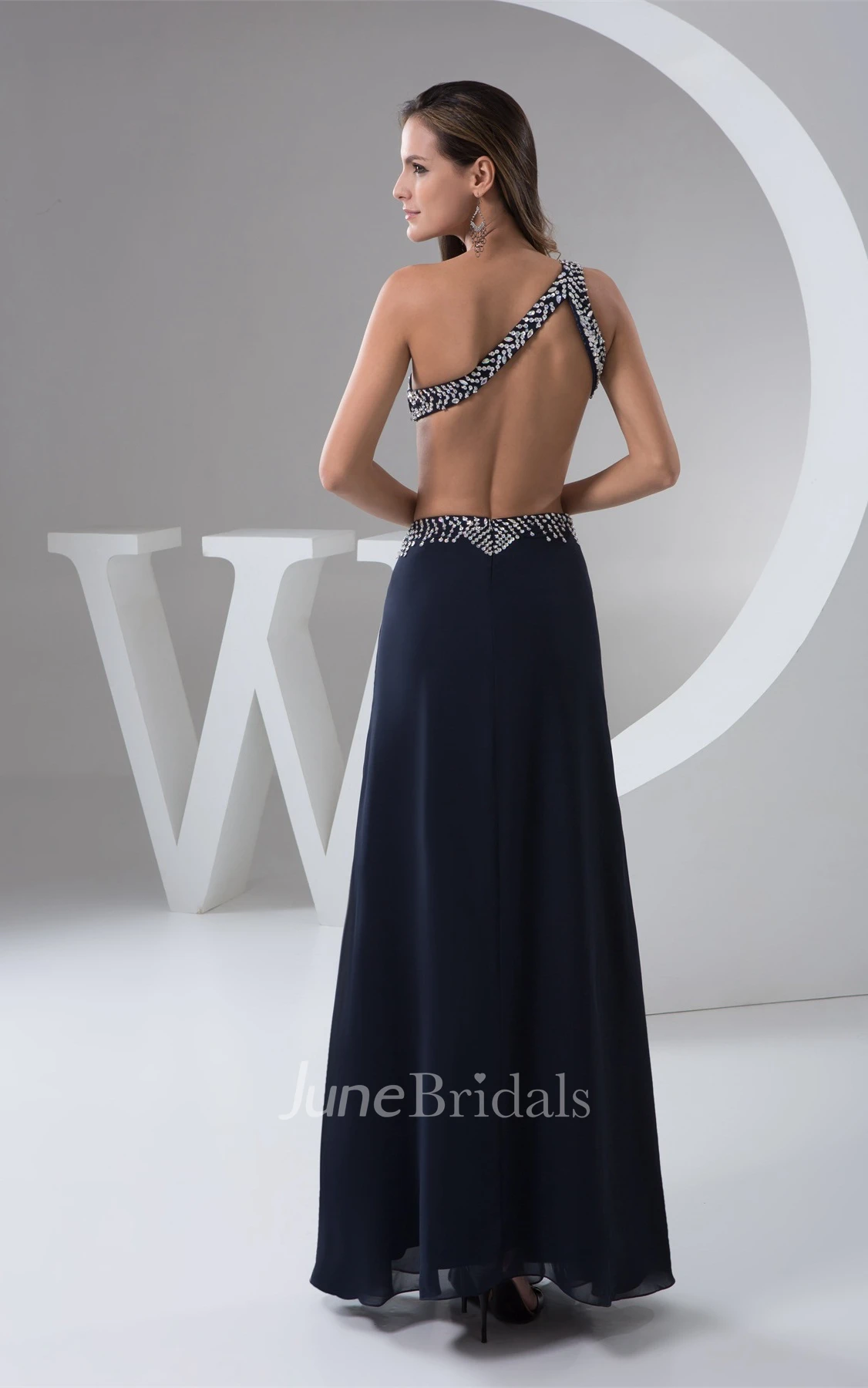 One-Shoulder Beaded Sheath Dress with Keyhole and Front Slit