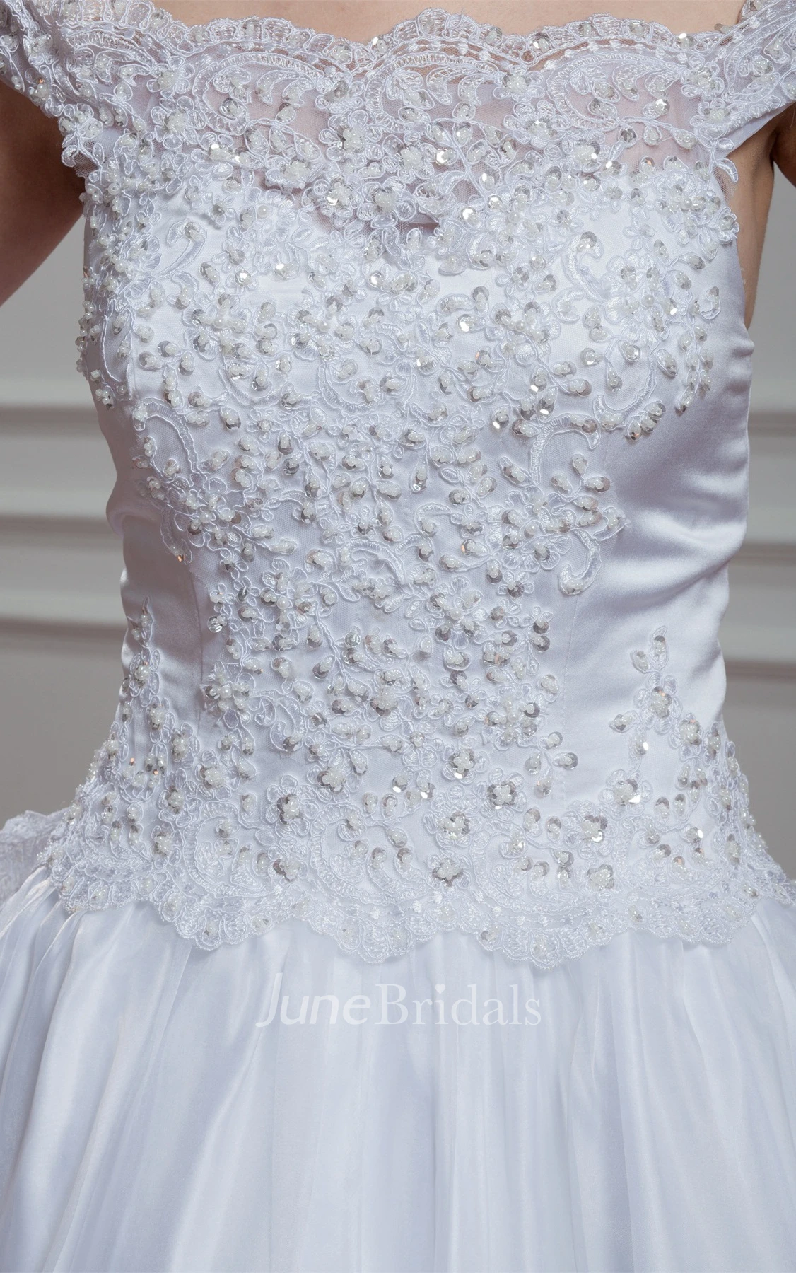 Off-The-Shoulder A-Line Appliqued Gown with Pleats