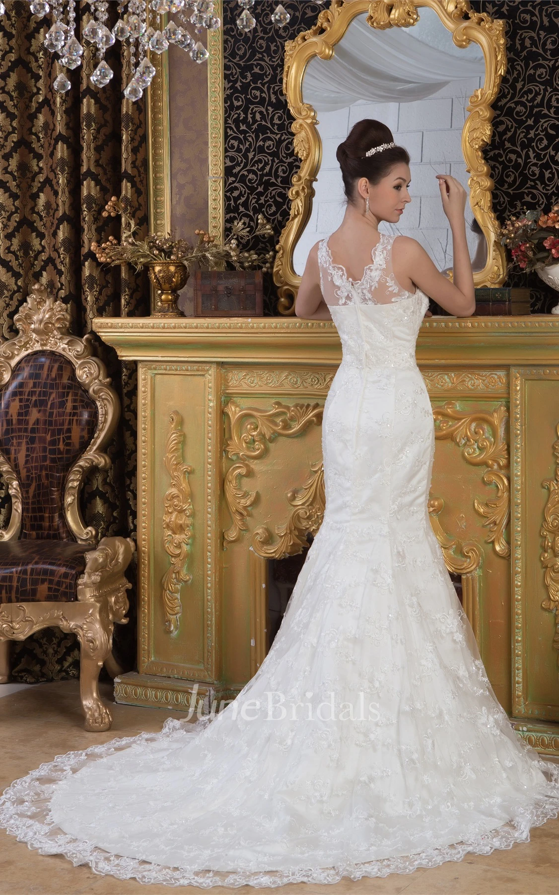 Sleeveless Mermaid Lace Dress with Illusion Neckline