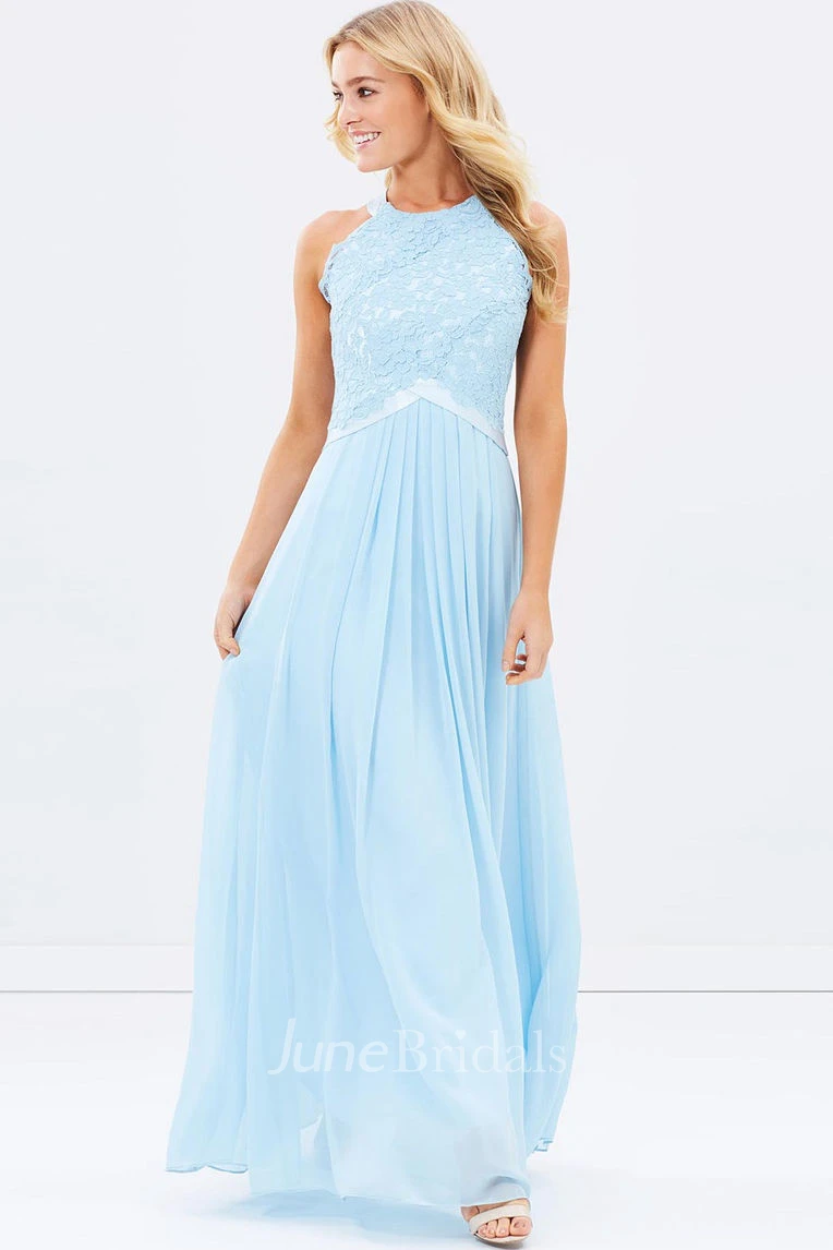 Appliqued Scoop Neck Sleeveless Chiffon Bridesmaid Dress With Ribbon