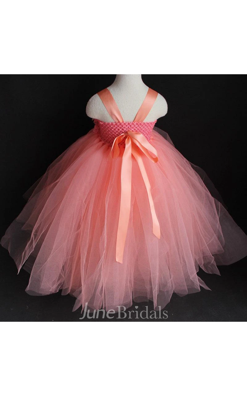 Spaghetti Strap Flower Chest Ruffled Pleated Tulle Gown With Bow Sash