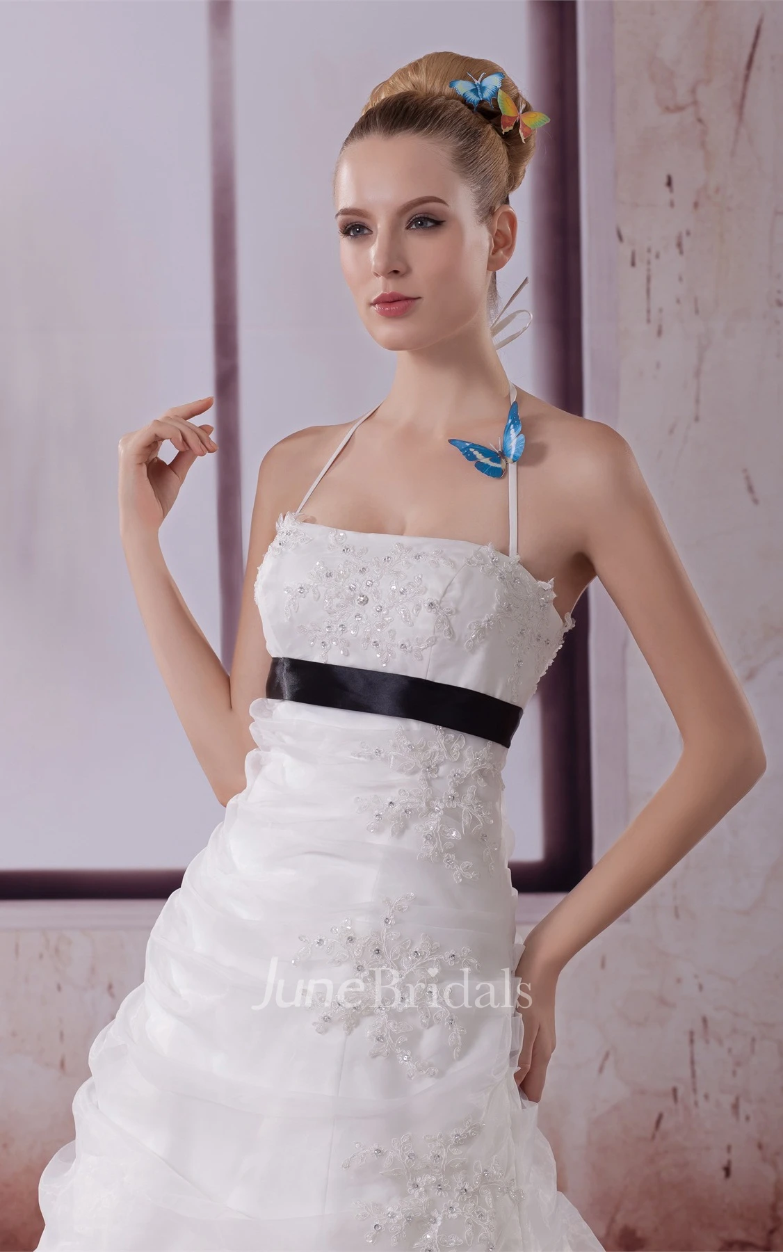 Sleeveless Ruched Ball Gown with Halter and Appliques