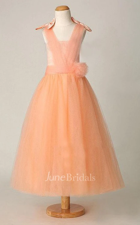 Sleeveless V-neck Pleated Tulle Dress With Flower Belt