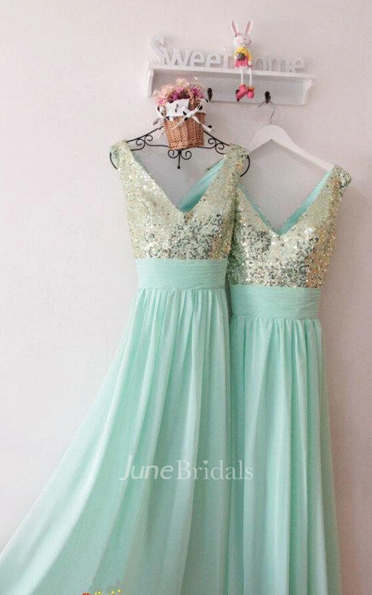 Sparkly Sleeveless V-neck Chiffon Dress With Sequined Bodice