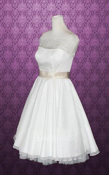 Bateau Knee-Length Satin Wedding Dress With Sash And Cap Sleeve