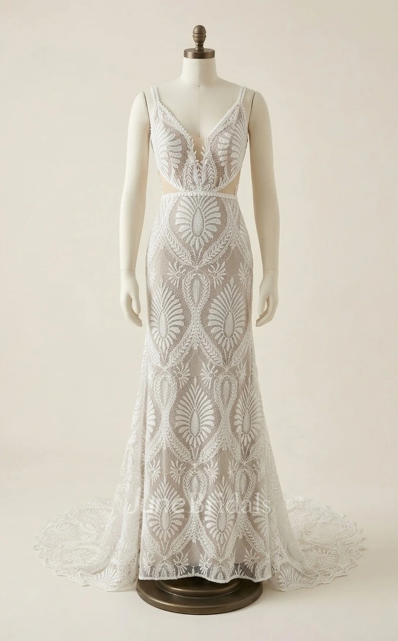Country Sleeveless Lace Wedding Dress Bohemian Backless Sheath Gown for Destination Weddings