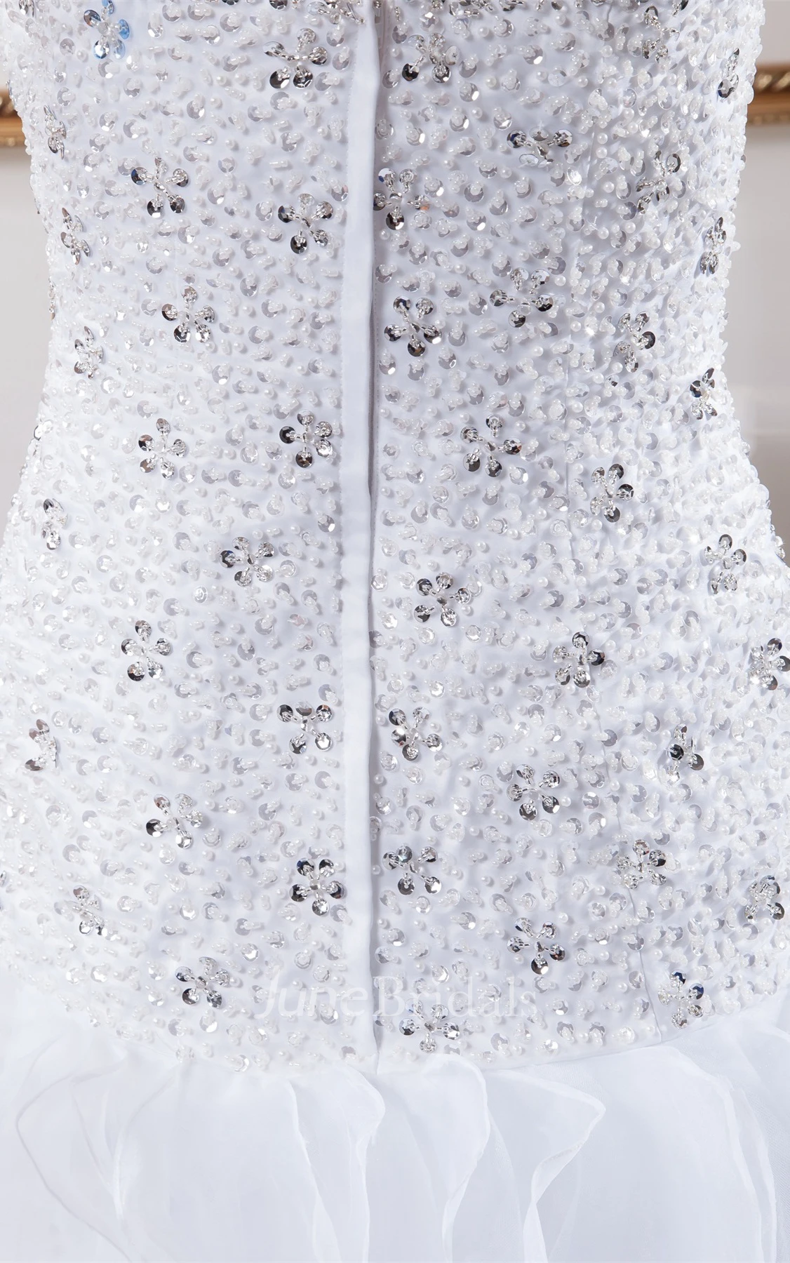 Deep-V-Neck Ruffled A-Line Dress with Crystal Detailing