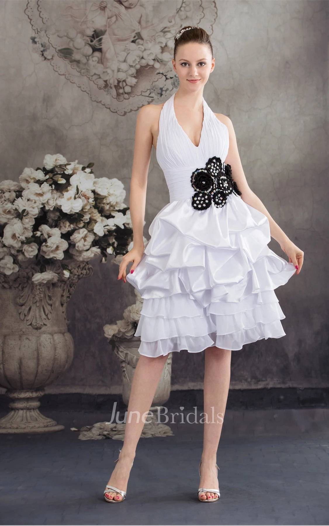 Plunged Pick-Up Midi Dress with Flower with