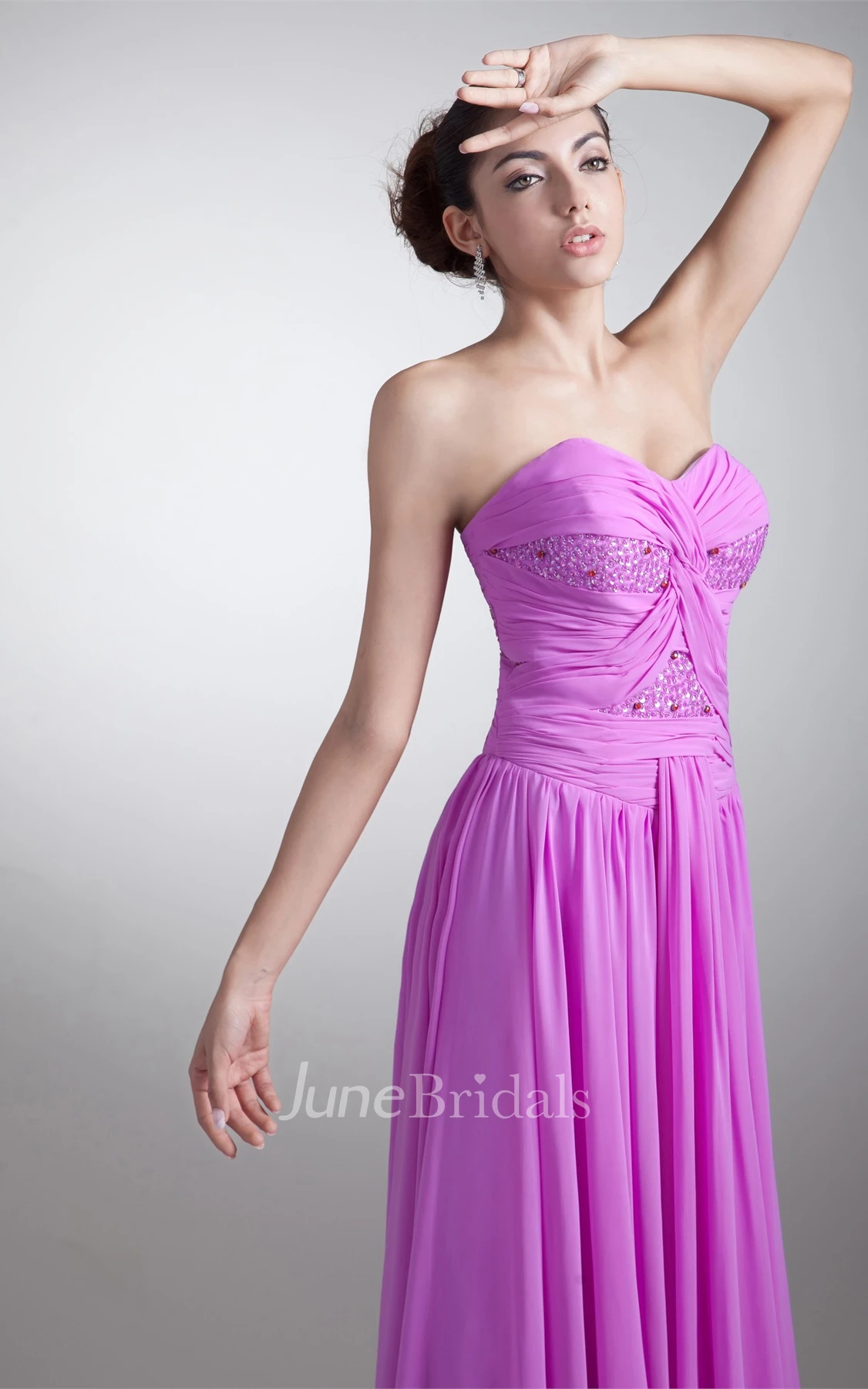 chiffon floor-length beaded dress with pleats and ruching