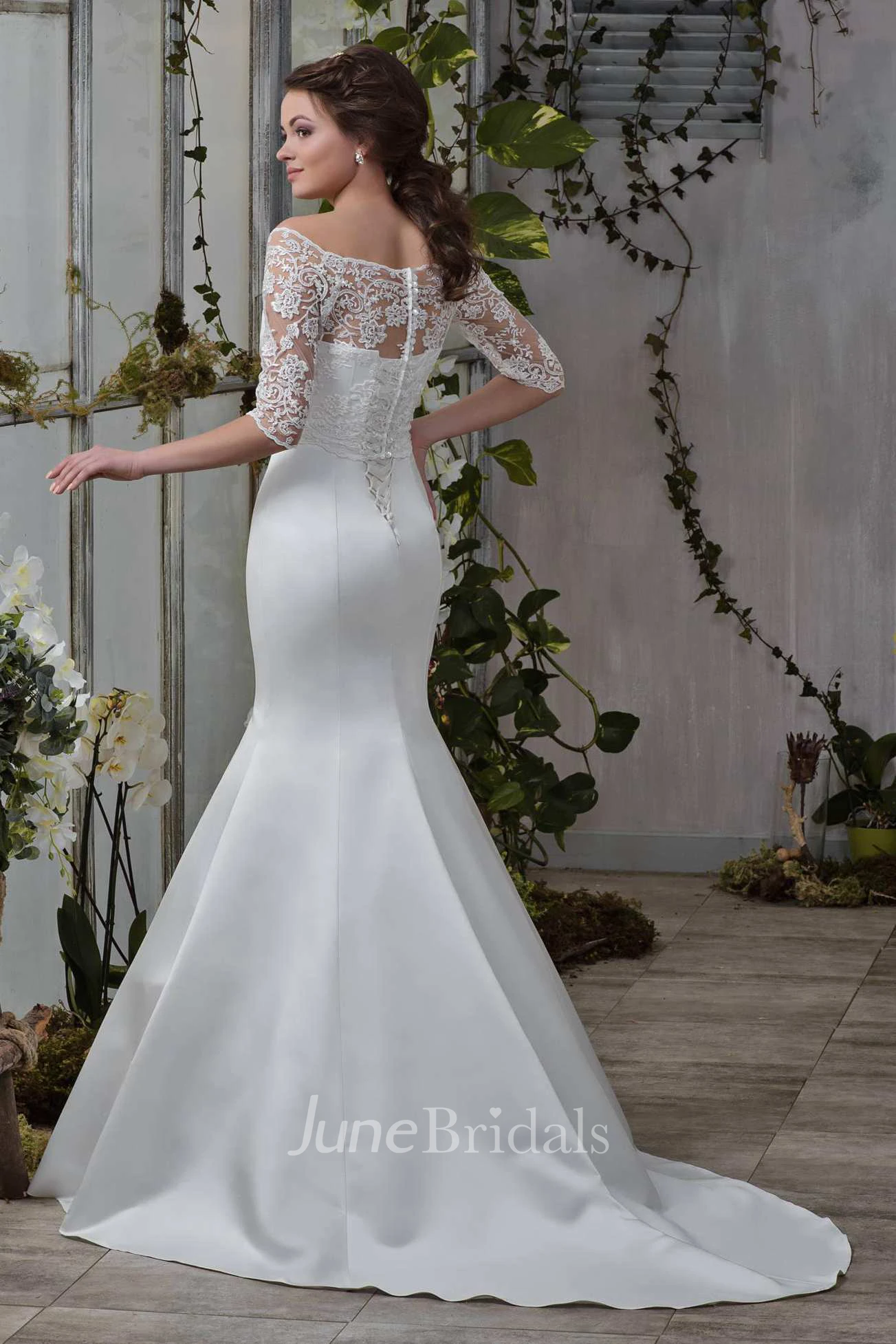 Off-The-Shoulder Lace Half Sleeve Mermaid Wedding Dress With Corset Back -  June Bridals