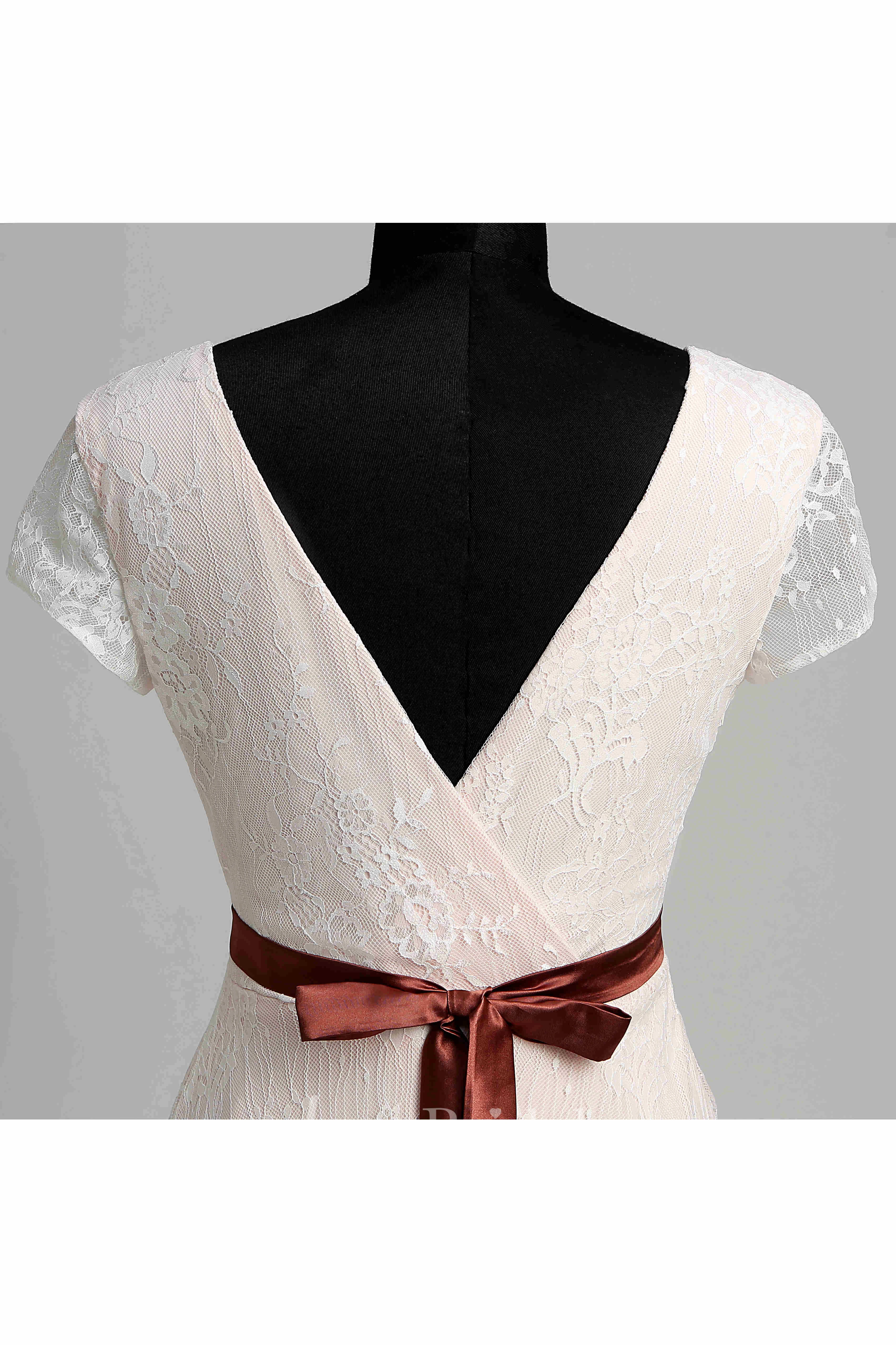 Short Sleeve V-neck Pleated Long Lace Maternity Wedding Dress