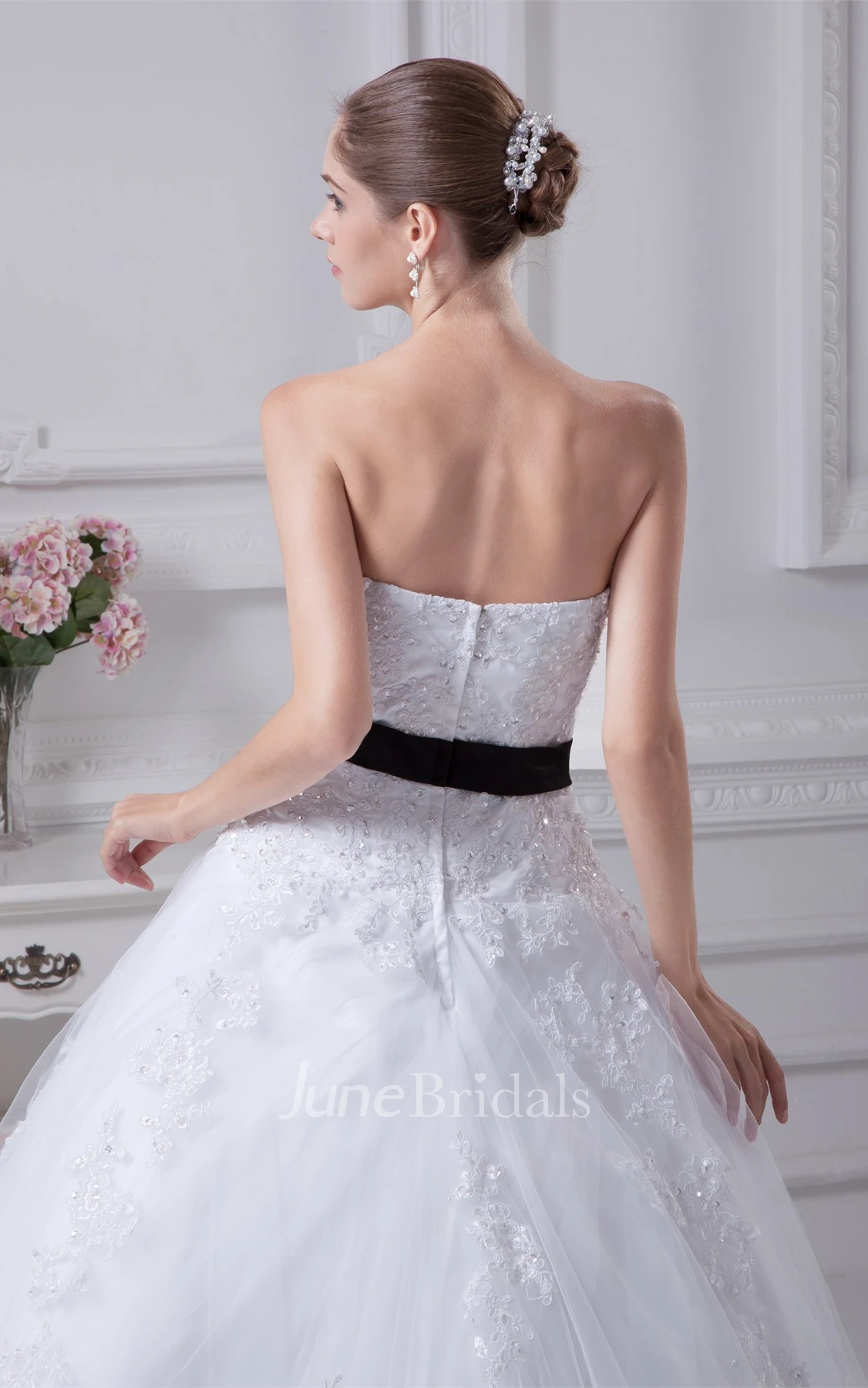 Strapless Tulle A-Line Ball Gown with Ribbon and Appliques