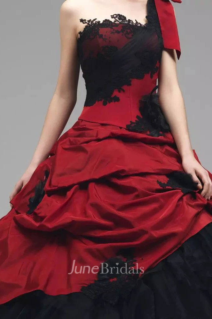 Ball Gown One-shoulder Taffeta Tulle Floor-length Sleeveless Wedding Dress with Appliques and Ruffles